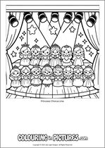 Free printable princess themed colouring page of a princess. Colour in Princess Chorus Line.