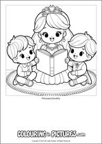 Free printable princess themed colouring page of a princess. Colour in Princess Dorothy.