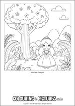 Free printable princess themed colouring page of a princess. Colour in Princess Evelynn.