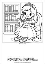 Free printable princess themed colouring page of a princess. Colour in Princess Jane.
