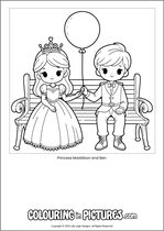 Free printable princess themed colouring page of a princess. Colour in Princess Maddison and Ben.