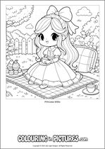 Free printable princess themed colouring page of a princess. Colour in Princess Willa.