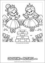 Free printable princess colouring page. Colour in Princesses Itzel and Mabel.