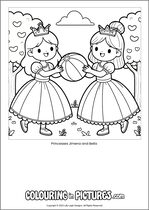 Free printable princess themed colouring page of a princess. Colour in Princesses Jimena and Bella.